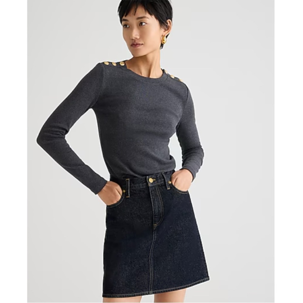J Crew Perfect Long Sleeve Tee Button Top Nautical BS568 Dark Grey Sz S